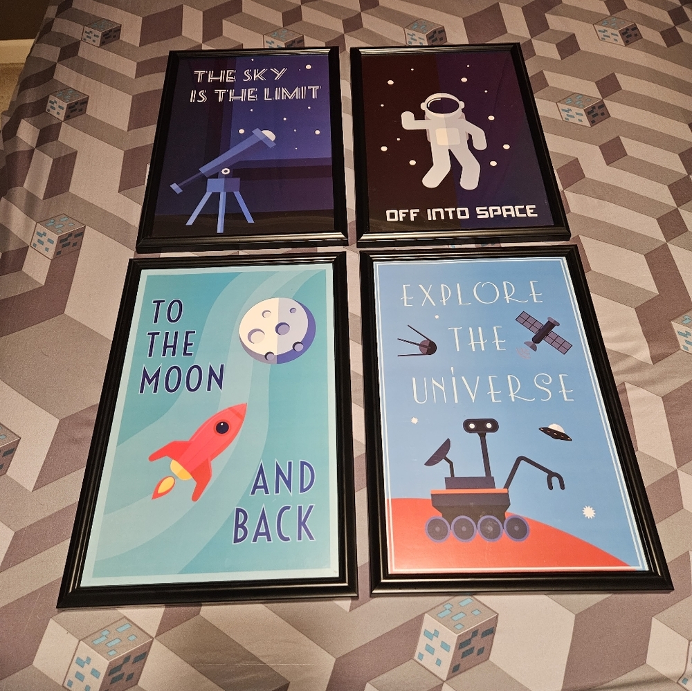 4 framed space theme poster/pictures